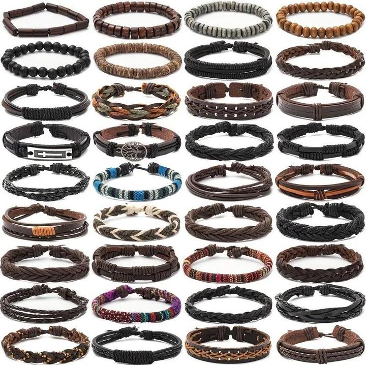 Produktbild Cbx 36 Stück Leder Armbänder Mix Styles Grösse verstellbar, handgemachte Armbänder (Kunstleder, Holz und Baumwolle)