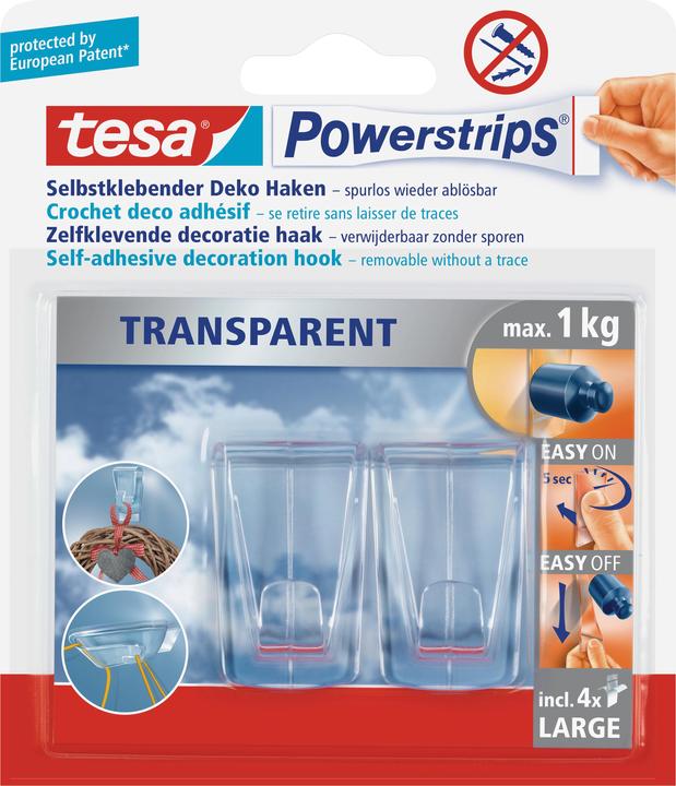 tesa Powerstrips Transparent Deco Hook LARGE