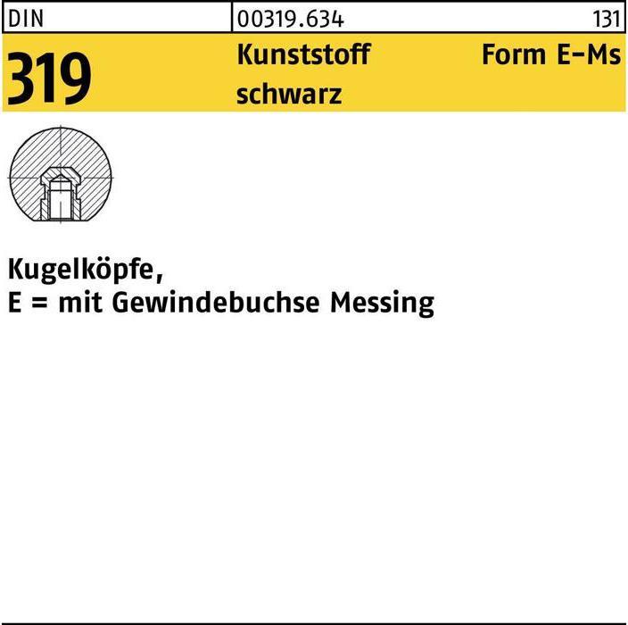 Produktbild Kugelknopf DIN 319 Form E 16 M 4 Kunststoff schwarz Messingbuchse (Türknopf)
