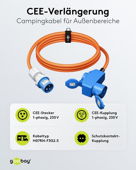 Produktbild Goobay CEE-Adapterleitung, CEE-Stecker auf 90° CEE-Kupplung und Schutzkontakt-Kupplung, 1,5 m (1.50 m, CEE)