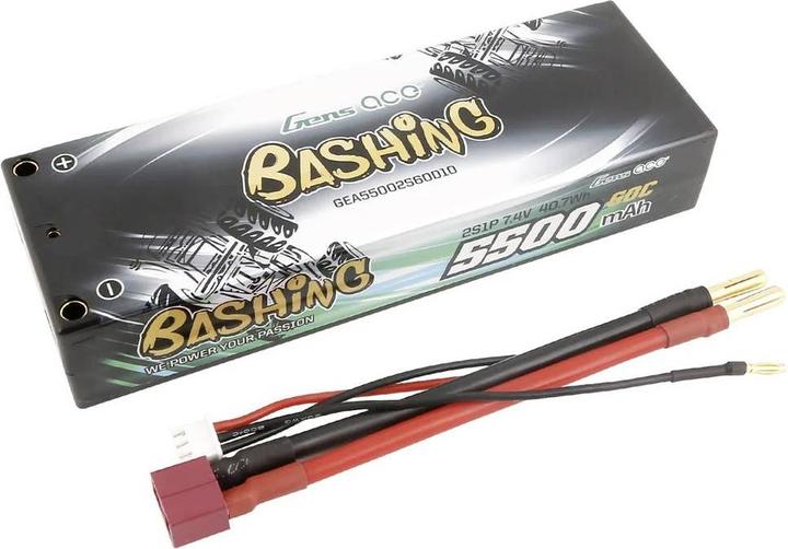 Produktbild Gens Ace Battery Lipo 5500mAh 2S 7.4V 60C HardCase RC 10# car with T-plug (7.40 V, 5500 mAh)