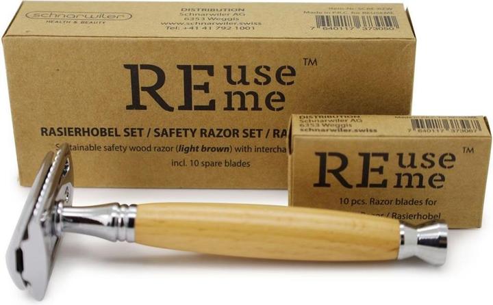 Produktbild ReUseMe Rasierhobel aus Holz hellbraun mit Stahlklinge inklusive 10 Ersatzklingen