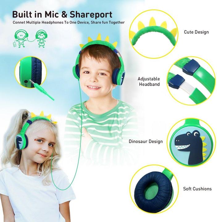 Image du produit PhoneLook Casque cool sans fil Bluetooth 5.3 pour enfants avec volume atténué 85dB et design amusant Dino