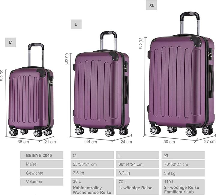 Produktbild Beibye Kofferset 2045, 3-teilig, Violett (110 l, M (50 - 90l), L (90 - 115l), XL (ab 115l))