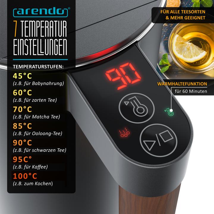 Produktbild Arendo Wasserkocher 1,5 L Edelstahl, Temperatureinstellung, Warmhaltefunktion, Griff in Holzoptik, 2200 W (1.50 l)