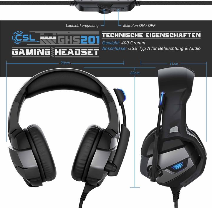 Produktbild CSL Gaming Headset, USB, Mikrofon, LED Beleuchtung, Kopfhörer für Windows, Mac, PS3, PS4, PS4 Pro, PS5 (Kabelgebunden)
