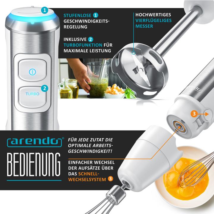 Image du produit Arendo Mixeur plongeant 1200W blanc, set de mixage en acier inoxydable comprenant un verre gradué, un