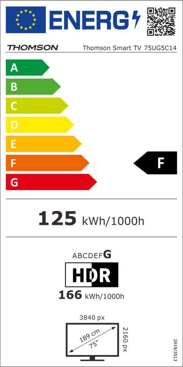 Energy Label Thomson TV 75 4k Smart UHD T2/C2s2 Google TV Frameless Piede (75", LED, 4K)