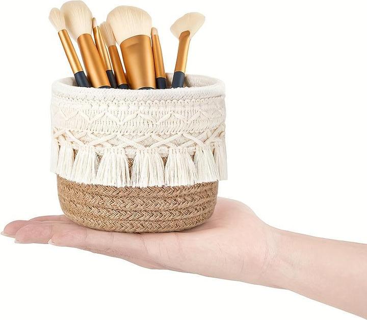 Actual product image Alopini 1pc Handmade Boho Chic Makeup Brush Holder - Wicker Cosmetic Storage Basket with Brushes