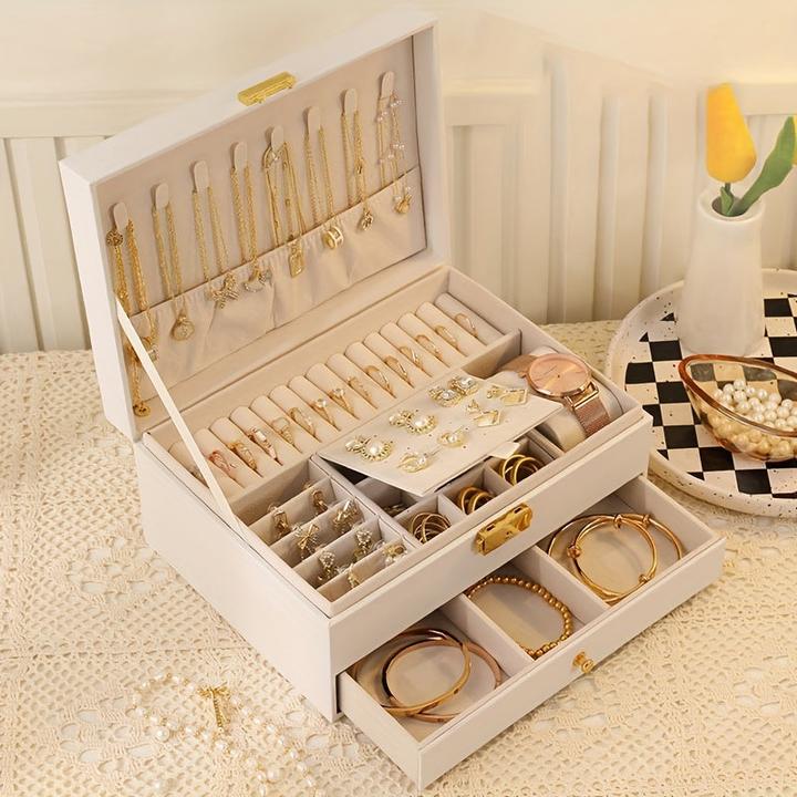Image du produit Only-Bags.Store Organisateur de bijoux en cuir : boîte à bijoux à deux niveaux avec compartiments amovibles pour
