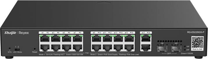 Actual product image Ruijie 20-Port Gigabit Smart POE Switch, 16 PoE/POE+ Ports with 2 Gigabit RJ45/2 SFP uplink ports, 250W PoE (20 Ports)