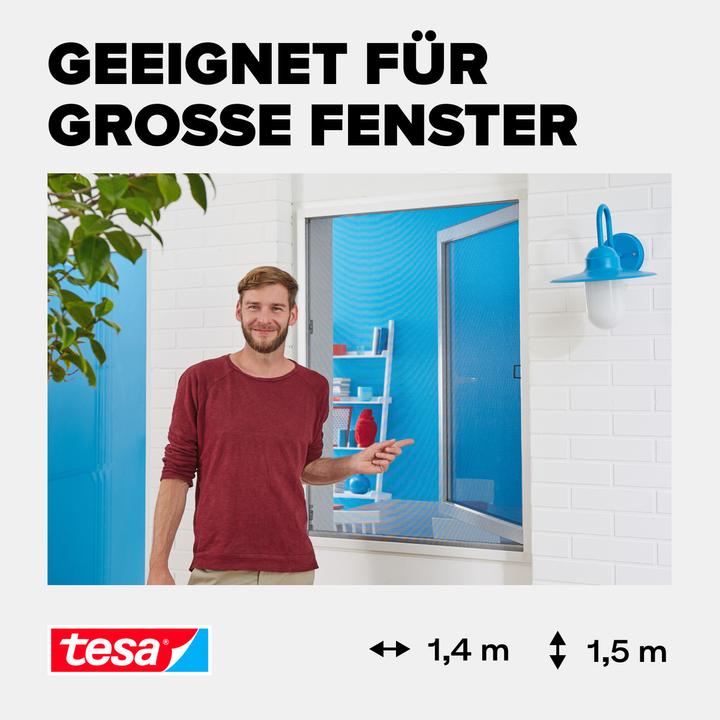 Produktbild tesa Insektenschutz Alu COMFORT für Fenster, mit Rahmen aus Aluminium, ohne Bohren (140 x 150 cm)