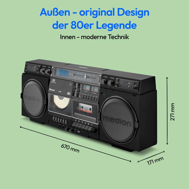 Produktbild Medion LIFE® P66538 Retro-Boombox DAB+/PLL-UKW Radio, Bluetooth® 5.3 für das Abspielen von Smartphone & Co (DAB+, FM, Bluetooth)