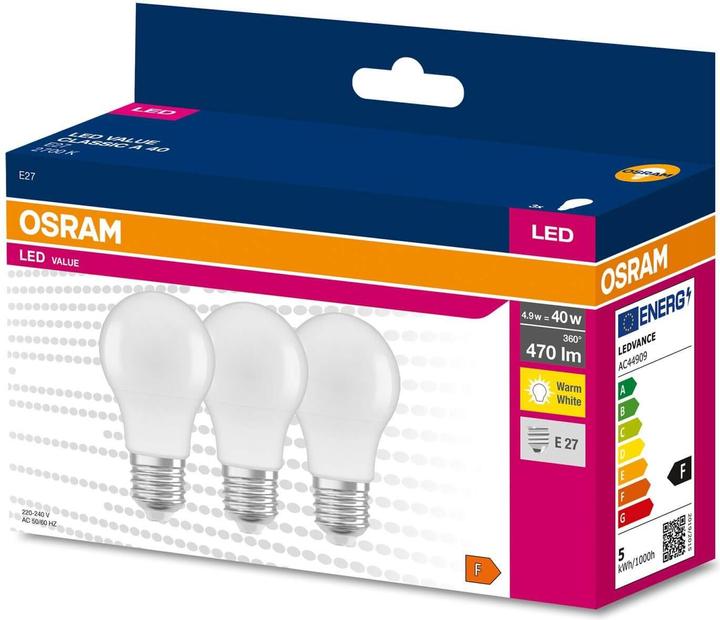 Produktbild Osram LED VALUE CLASSIC A 40 4.9W E27 Lampe 470lm 2700K warmweiss wie 40W (E27, 4.90 W, 470 lm, 1 x, F)