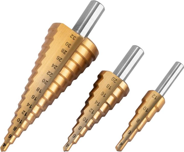 Immagine prodotto Stahlwerk Set di 3 punte per trapano a gradini in HSS con rivestimento TiN e scatola in alluminio (4-12 mm, 4-20 mm, Ø 4-32 mm)