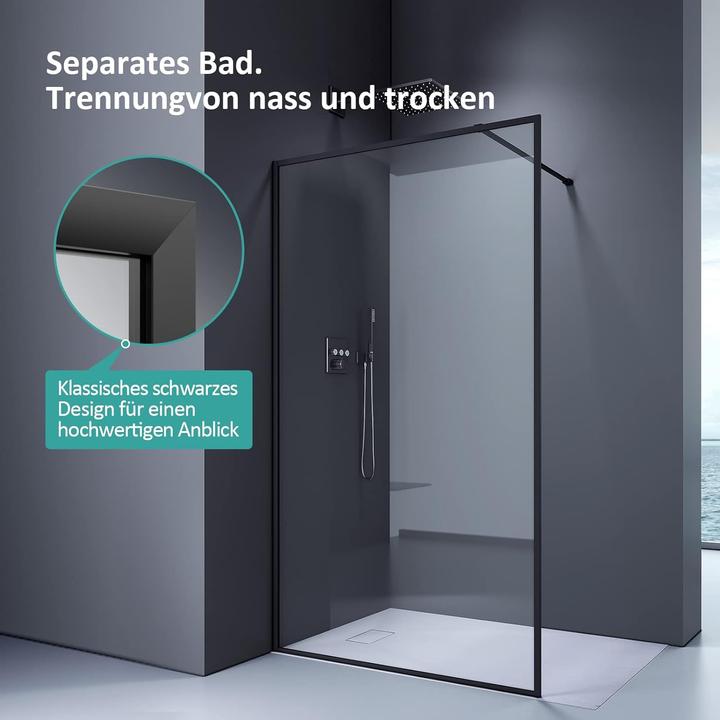 Produktbild Emke Walk-In Duschwand Glas 120x195cm, 8mm Glas einfache Reinigung, Duschtrennwand, Schwarz (195 cm, 120 cm, 200 cm)