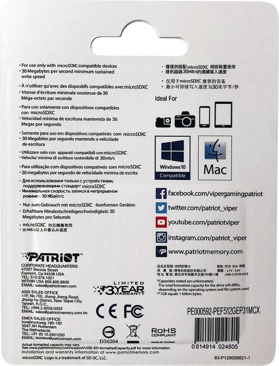 Valori nutrizionali e ingredienti Patriot EP Pro Micro SDXC 1TB (512 GB, microSDXC, U3, UHS-I)