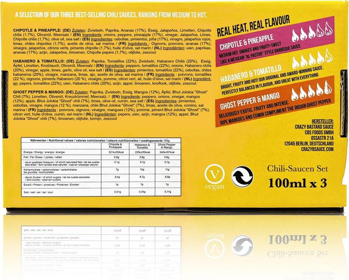 Nährwerte und Zutaten Crazy Bastard Sauce Beliebteste Saucen 3er-Set (3 x 100 ml) - Scharfe Sauce (860 g)