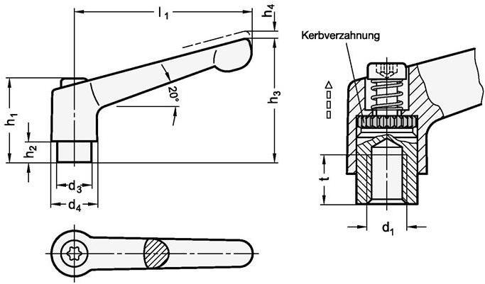 Immagine prodotto Ganter Leva di serraggio regolabile GN 300.1 d1 M 8 mm l1 63 mm l2 50 mm filettatura esterna (63 mm)