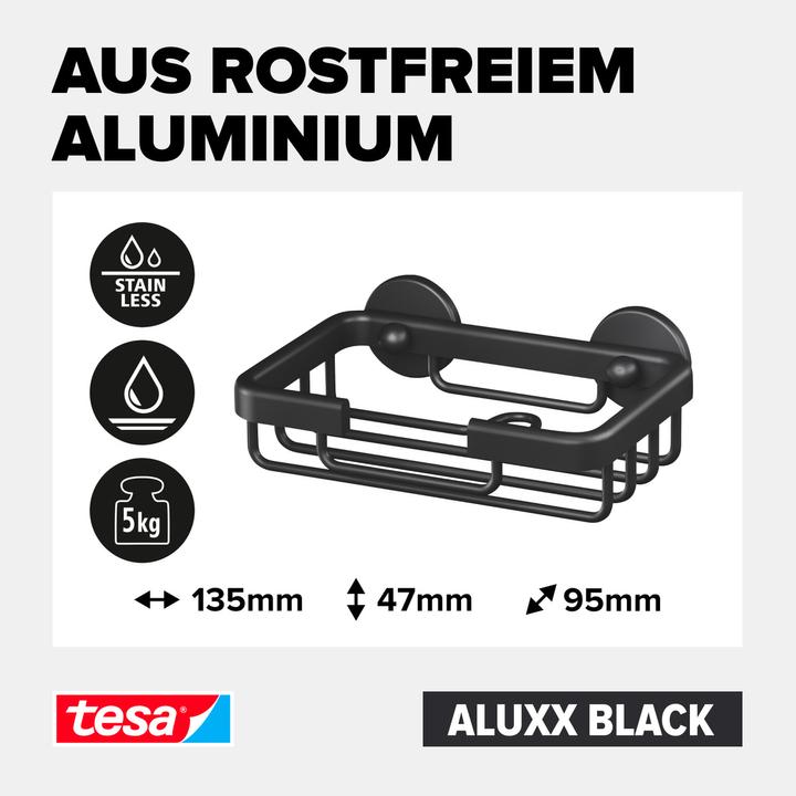Produktbild tesa ALUXX BLACK Seifenkorb inkl. Klebelösung ohne Bohren (6.5 x 10 x 25.5 cm)