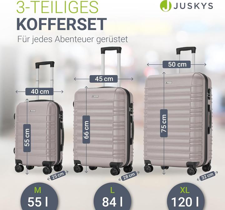 Produktbild Juskys 3-teiliges Hartschalenkoffer-Set mit 360° Rollen (120 l, M (50 - 90l), XL (ab 115l))
