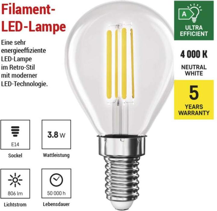 Energy Label Emos LED lamp Filament Mini Globe A CLASS / E14 / 3.8 W (60 W) / 806 lm / Neutral White (E14, 3.80 W, 806 lm, 1 x, A)