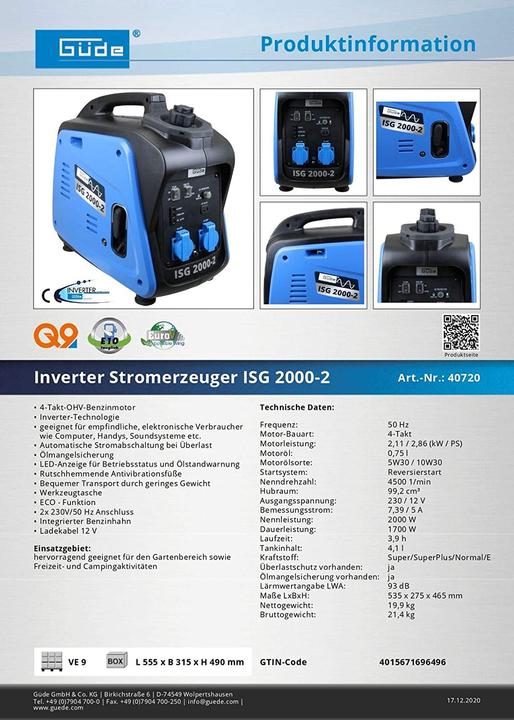 Productafbeelding Güde Stroomgenerator (2000 W, 4.10 l)