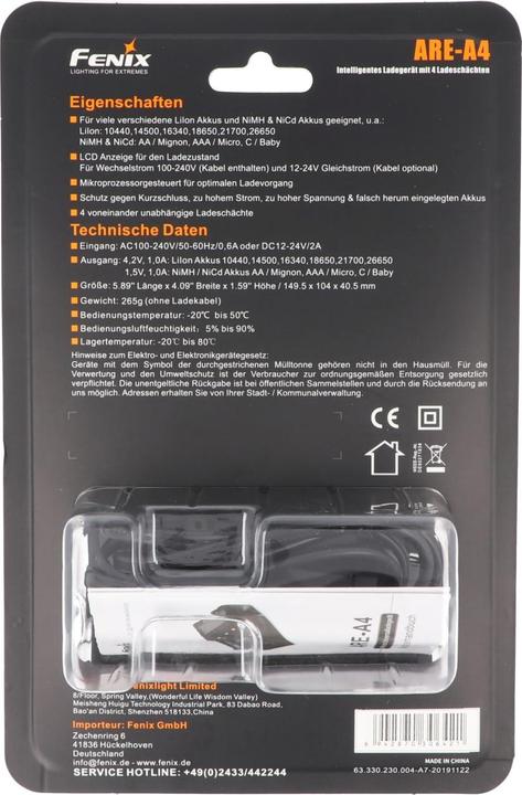 Produktbild Fenix Rundzellen Ladegerät ARE A4 (1 Stk., 10340, 10350, 10440, 10500, 12500, 12650, 13500, 13650, 14500, 14650, 16340, 16650, 17500, 17650, 17670, 18350, 18490, 18500, 18650, 18700, 21700, 22650, 25500, 26500, 26650, Akku)