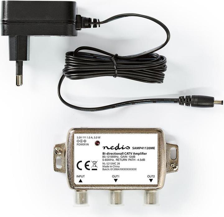 Image du produit Nedis SAMP41120ME Amplificateur CATV Gain : 12 dB 85-1218 MHz Nombre de sorties : 2 voie de retour Silb (Bloc d'alimentation)