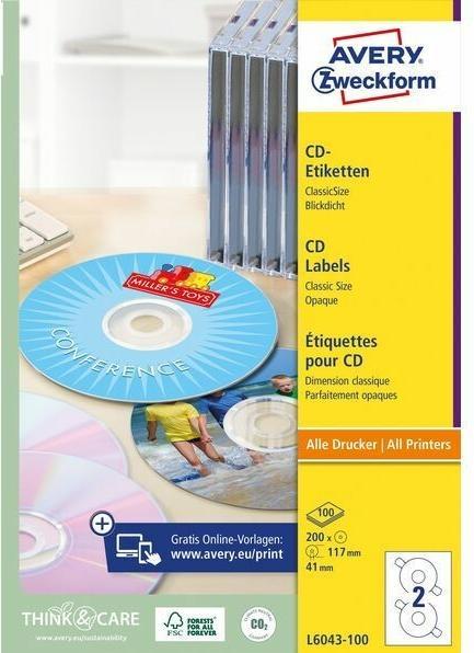 Produktbild Avery CD-Etiketten L6043-100 Ø 117 mm, Klebehaftung: Permanent
