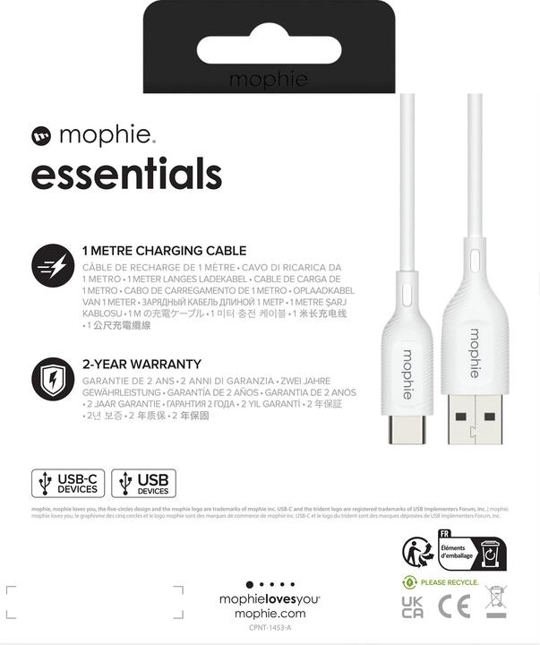 Valeurs nutritives et ingrédients Zagg Mophie Charge Essentials Câble USB-A - USB-C 1m - Blanc (1 m, USB 2.0)