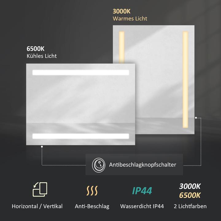 Actual product image Emke Bathroom Mirror With Lighting 80*60cm,Fog-Free, 3000K/6500K,Bouton Switch