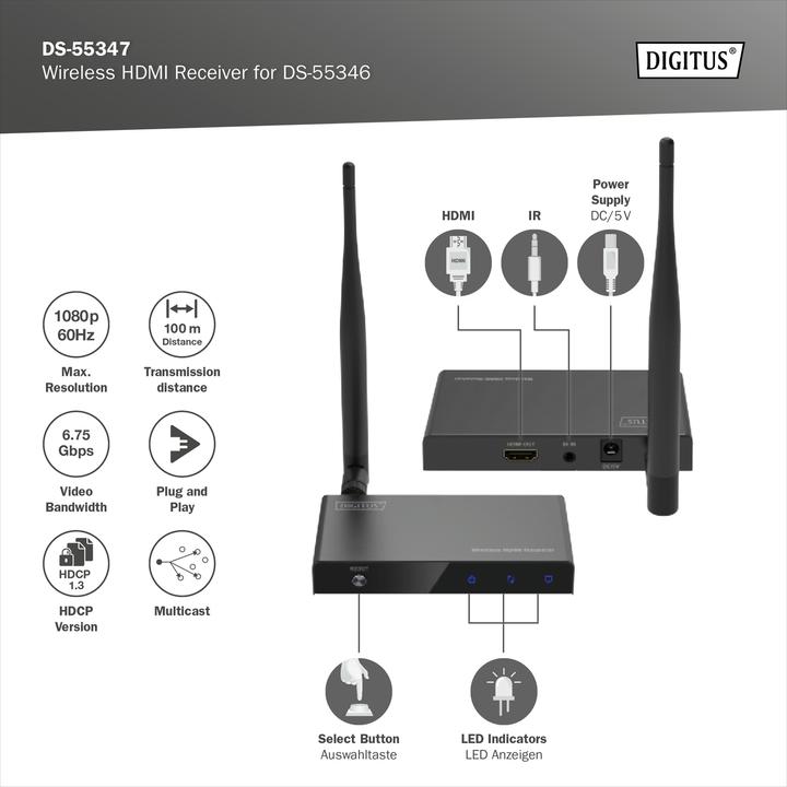 Image du produit Digitus Récepteur HDMI sans fil pour DS-55346 (100 m, HDMI 1.4a)