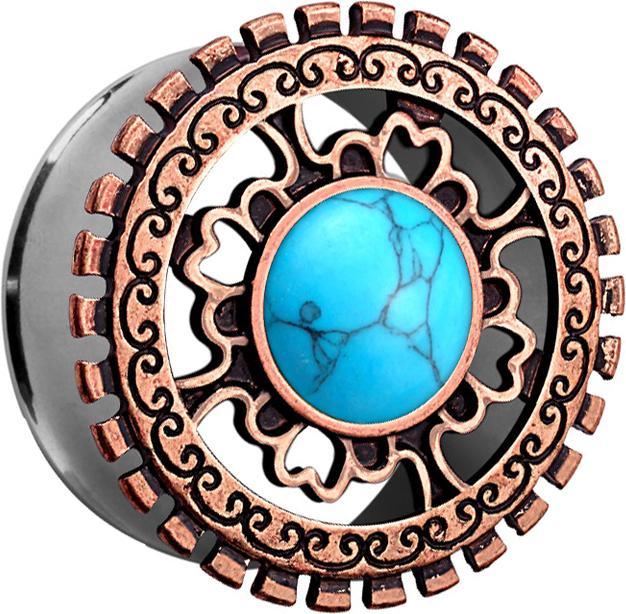 Produktbild Star Piercing Flared Tunnel mit Tribal Schild antik rosegold und türkis Stein (Messing, Mineralisch, Chirurgenstahl 316L)