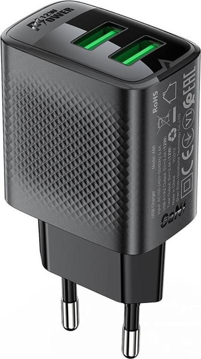 Actual product image Acefast A86 mains charger 2x USB-A 12W - black (12 W)