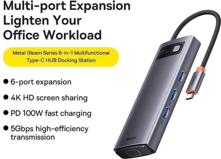 Produktbild Baseus Metal Gleam Series 6-in-1 Multifunctional Type-C HUB Docking Station Gray Type-C to HDMI*1+USB3.0*3 (USB-C, 6 Ports)