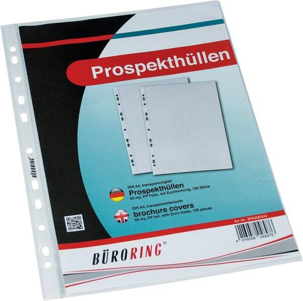 Produktbild Büroring Prospekthülle, DIN A4, farblos, PP-Folie, 60 my, Oberfläche glatt, glasklar, oben offen, Eurolochung (A4, 100 x)