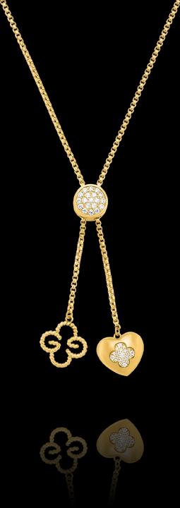 Charles Garnier PASSION goldene Krawattenhalskette Herz und Kleeblatt aus goldenem Silber und Zirkonium (Zirkonium, vergoldetes Silber)