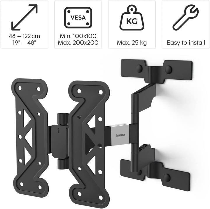 Image du produit Hama Support TV mural, inclinable, pivotant, extra-plat, 122 cm (48") jusqu'à 25 kg (Mur, 48", 25 kg)