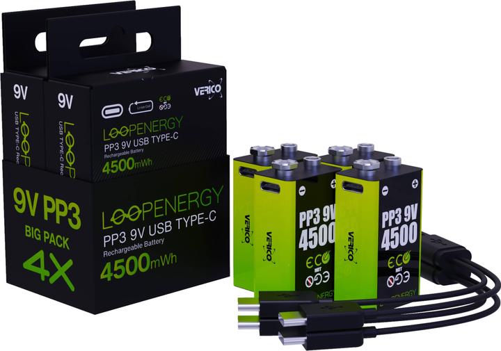 Actual product image Verico Li-ion battery Loop Energy 9 V block, pack of 4 (4 pcs., 9V Block)