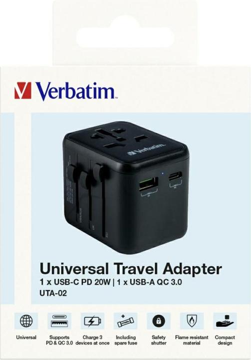 Produktbild Verbatim Universal Travel Adapter with 1 x USB-C PD 20W / 1 x USB-A QC 3.0