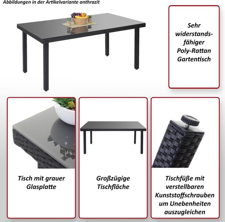 Produktbild Swisshandel24 Poly-Rattan Gartentisch Cava, Esstisch Tisch mit Glasplatte, 160x90x74cm - grau (160 cm)
