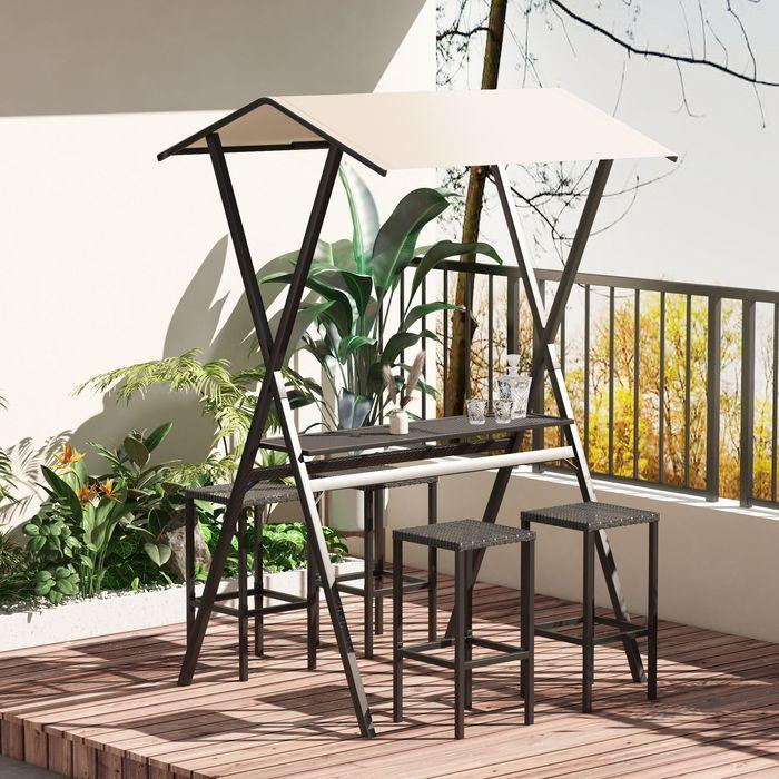 Actual product image Swisshandel24 Garden bar set rattan bar table with 4 bar stools, with roof, seating group, footrest, black, steel