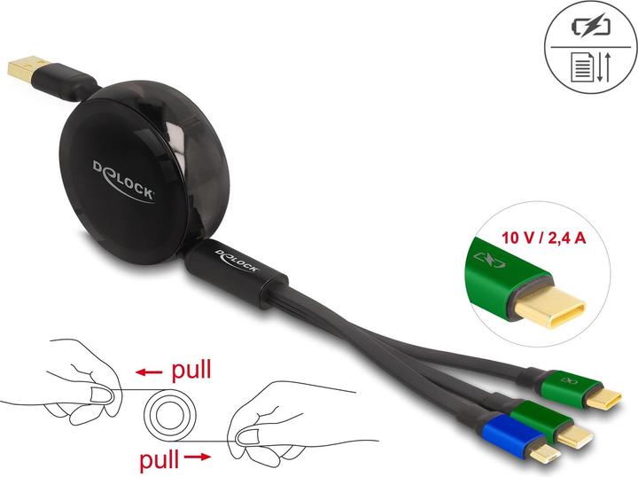 Image du produit Delock Câble de recharge USB rétractable 7,60cm (3"") 1 Type-A vers Micro USB / 2 x USB Type-C™ avec (1.13 m, USB 2.0)