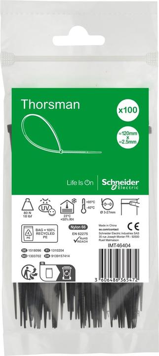 Schneider Kabelbinder Thorsman, Abmessung: 120X2,5 mm, VPE=100 Stück Farbe schwarz IMT46404 (Kunststoffkabelbinder, 120 mm, 100 Stk.)