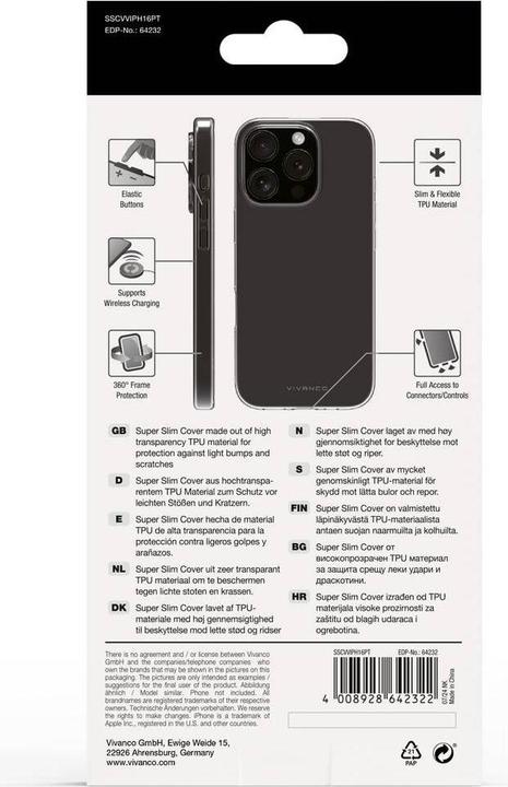 Actual product image Vivanco SUPER SLIM cover for iPhone 16 Pro, transparent (Apple iPhone 16 Pro)