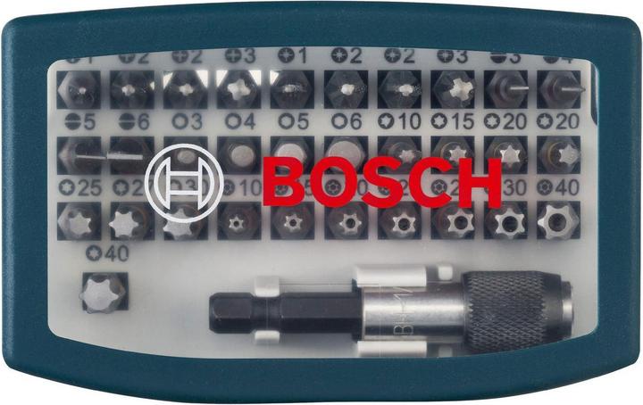 Productafbeelding Bosch Professional Zubehör Schroevendraaier bitset, 32 stuks (Kruis Phillips PH M1, Phillips kruis PH M2, Phillips kruis PH M3, Kruis Pozidriv PZ M1, Kruis Pozidriv PZ M2, Kruis Pozidriv PZ M3, Zeskantig M6, Schroefgleuf M3, Schroefgleuf M4, Zeskantbus TX M15, Zeskantbus TX M20, Zeskantbus TX M25, Zeskantig M3, Zeskantig M4, Zeskantig M5, Zeskantbus TX M27)