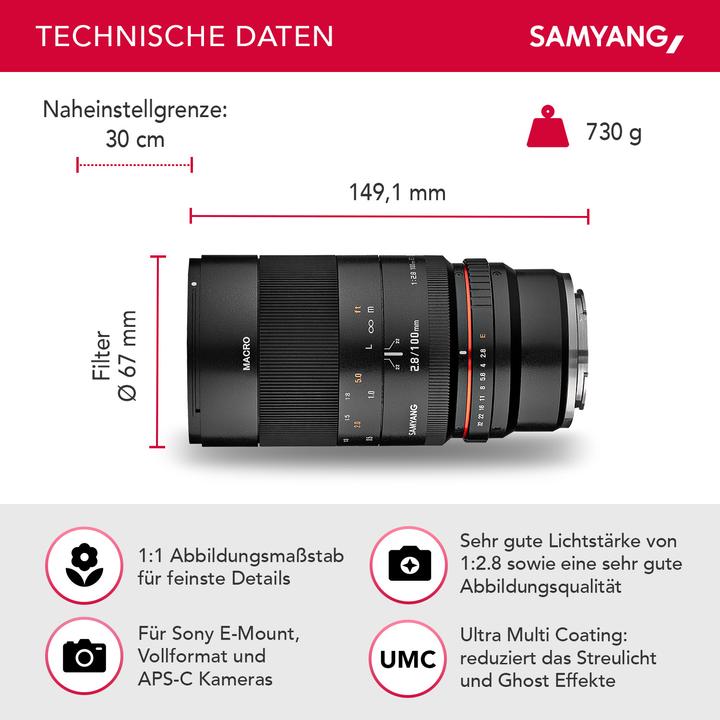 Actual product image Samyang 100mm f/2.8 ED UMC, Sony E (Sony E, full size, APS-C / DX)