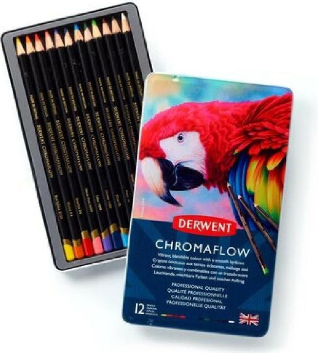 Produktbild Derwent Chromaflow Buntstifte (Blush Pink, Flame, Natural Brown, Scarlet, grass green, Denim, Sun Yellow, Blue, Basil, Black, Lilac, White, 12 x)