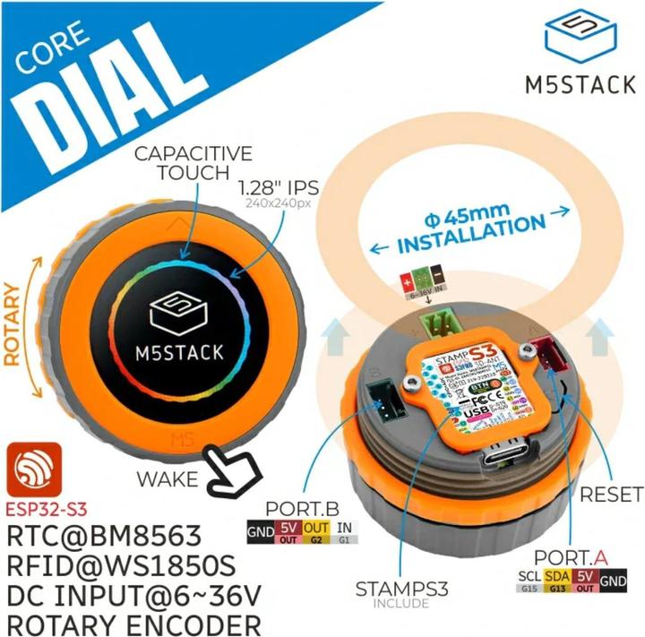 Actual product image M5Stack Dial - ESP32-S3 Intelligent rotary knob with 1.28 inch touchscreen